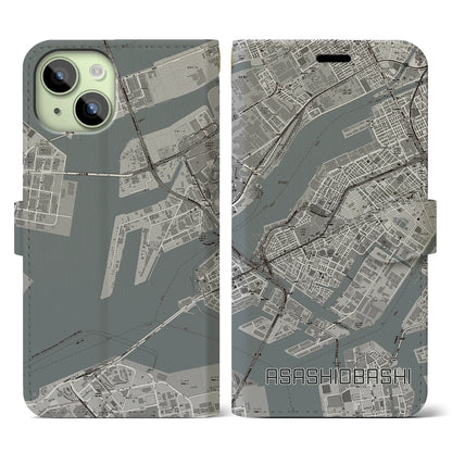 【朝潮橋（大阪府）】地図柄iPhoneケース（手帳タイプ）モノトーン・iPhone 15 用