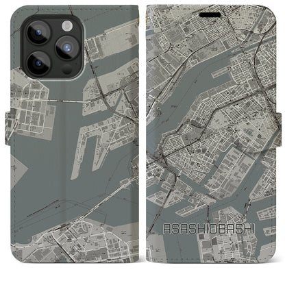 【朝潮橋（大阪府）】地図柄iPhoneケース（手帳タイプ）モノトーン・iPhone 15 Pro Max 用