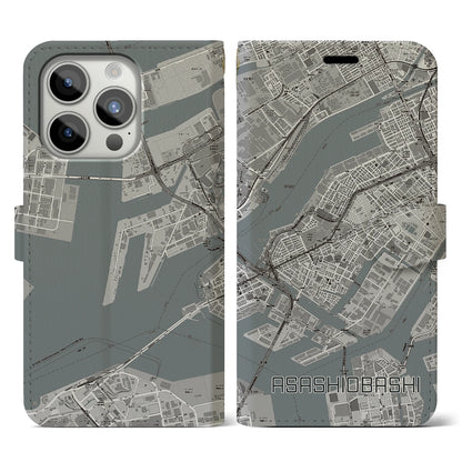 【朝潮橋（大阪府）】地図柄iPhoneケース（手帳タイプ）モノトーン・iPhone 15 Pro 用