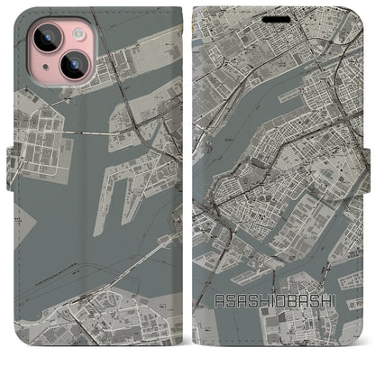 【朝潮橋（大阪府）】地図柄iPhoneケース（手帳タイプ）モノトーン・iPhone 15 Plus 用