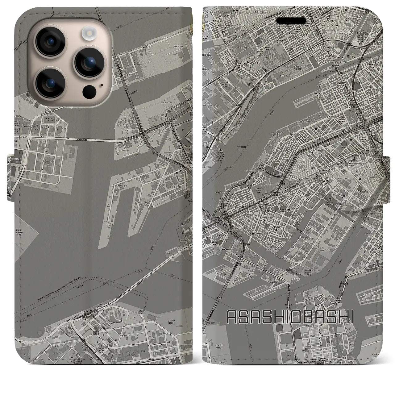 【朝潮橋（大阪府）】地図柄iPhoneケース（手帳タイプ）モノトーン・iPhone 16 Plus 用