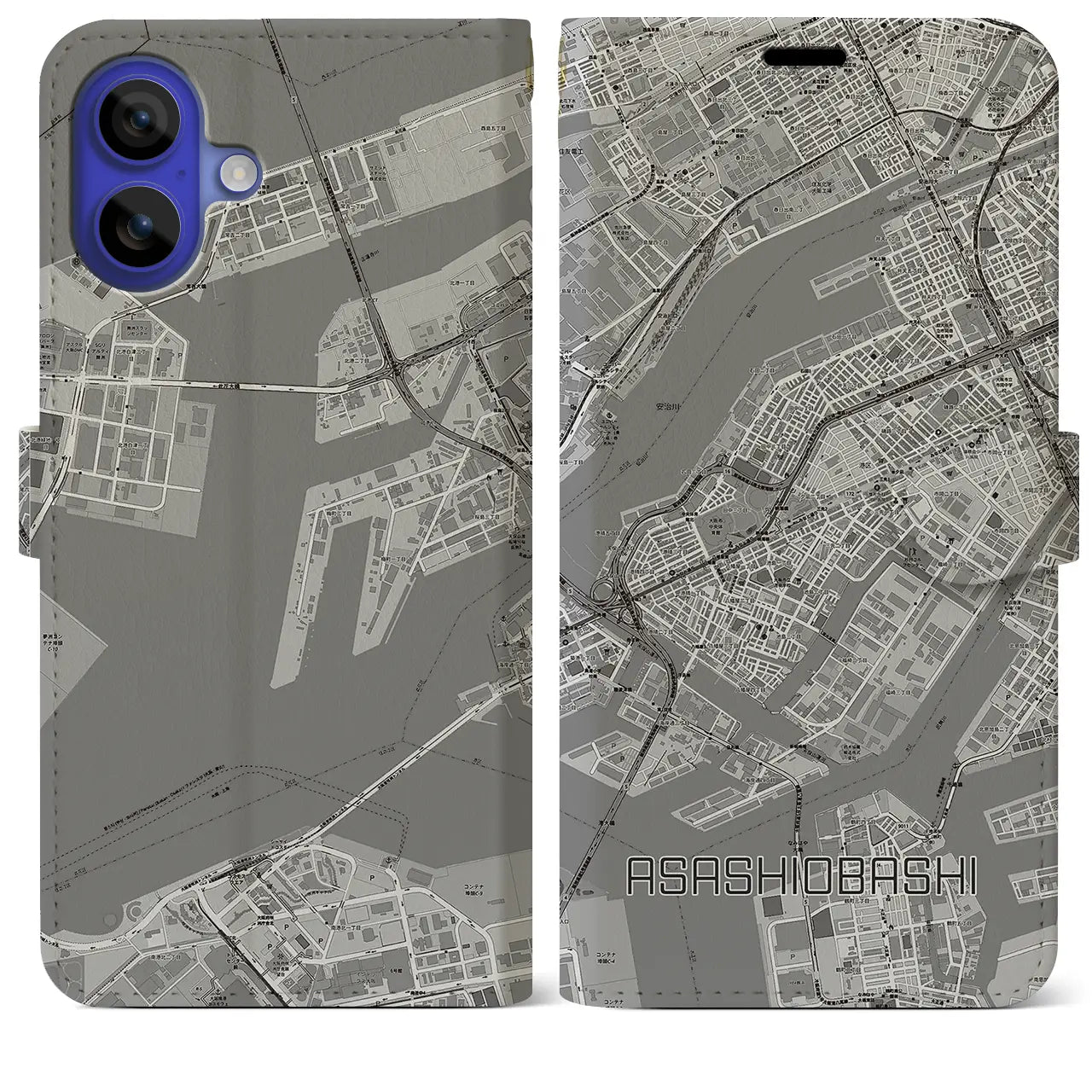 【朝潮橋（大阪府）】地図柄iPhoneケース（手帳タイプ）モノトーン・iPhone 16 Pro Max 用