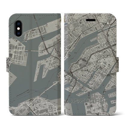 【朝潮橋（大阪府）】地図柄iPhoneケース（手帳タイプ）モノトーン・iPhone XS / X 用
