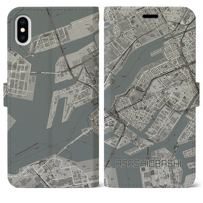 【朝潮橋（大阪府）】地図柄iPhoneケース（手帳タイプ）モノトーン・iPhone XS Max 用