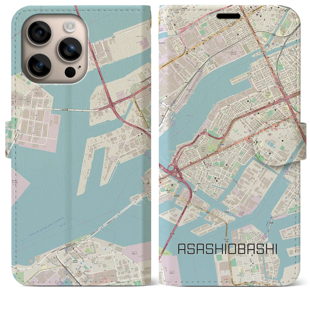 【朝潮橋（大阪府）】地図柄iPhoneケース（手帳タイプ）ナチュラル・iPhone 16 Plus 用