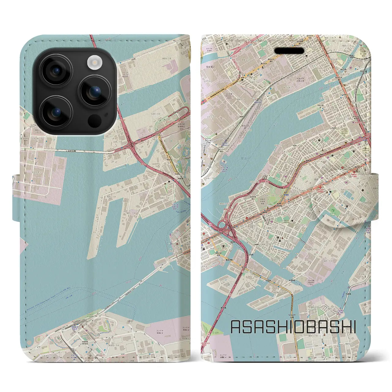 【朝潮橋（大阪府）】地図柄iPhoneケース（手帳タイプ）ナチュラル・iPhone 16 用