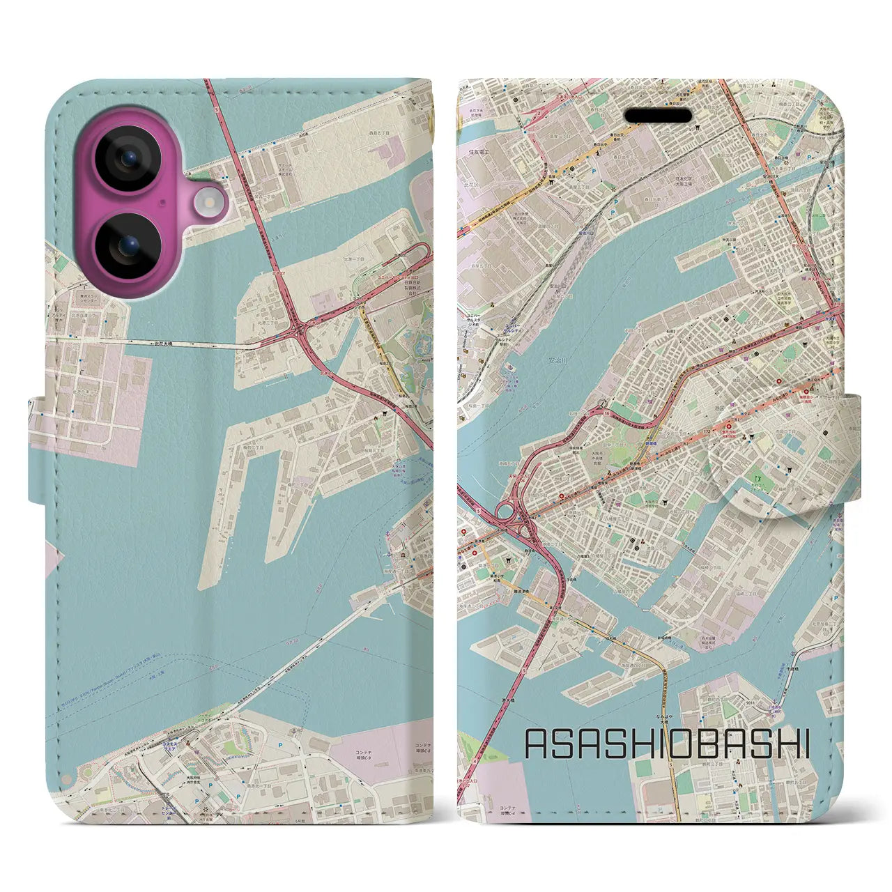 【朝潮橋（大阪府）】地図柄iPhoneケース（手帳タイプ）ナチュラル・iPhone 16 Pro 用