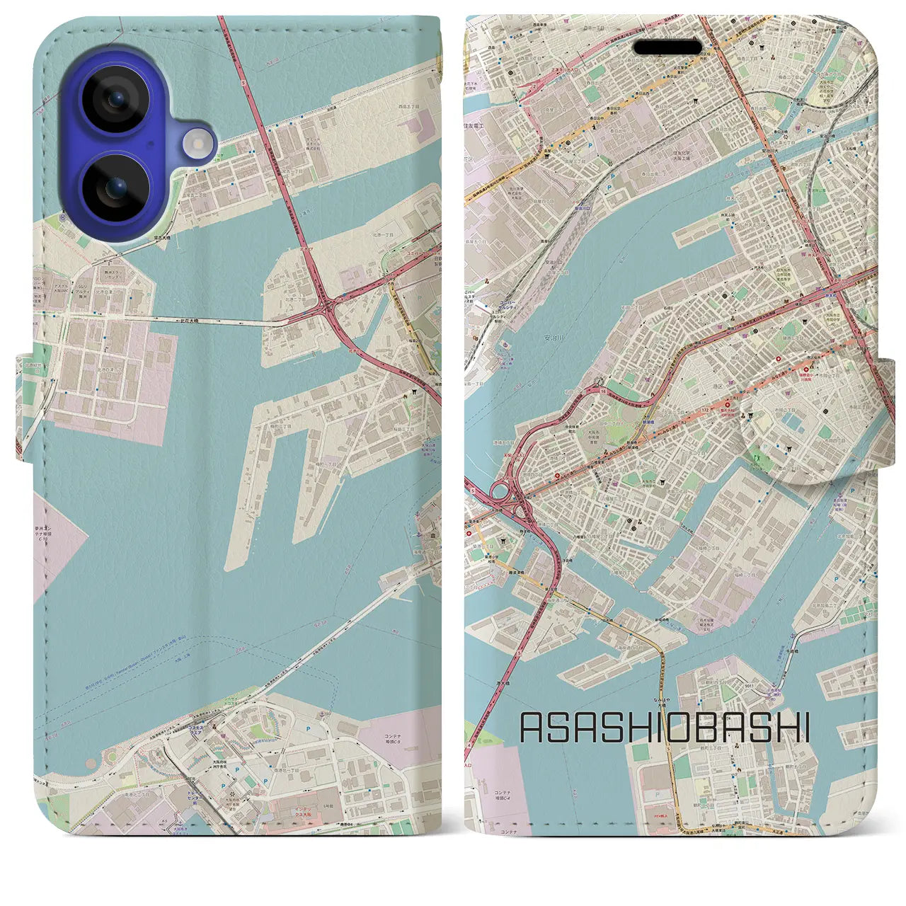 【朝潮橋（大阪府）】地図柄iPhoneケース（手帳タイプ）ナチュラル・iPhone 16 Pro Max 用