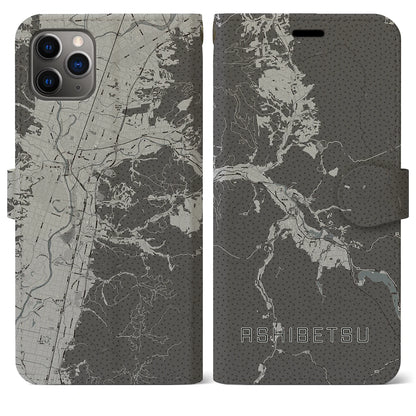 【芦別（北海道）】地図柄iPhoneケース（手帳タイプ）モノトーン・iPhone 11 Pro Max 用