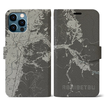 【芦別（北海道）】地図柄iPhoneケース（手帳タイプ）モノトーン・iPhone 12 / 12 Pro 用