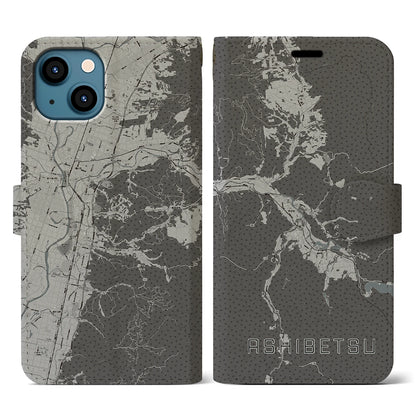 【芦別（北海道）】地図柄iPhoneケース（手帳タイプ）モノトーン・iPhone 13 用