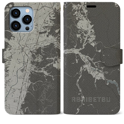 【芦別（北海道）】地図柄iPhoneケース（手帳タイプ）モノトーン・iPhone 13 Pro Max 用