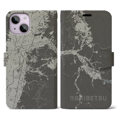 【芦別（北海道）】地図柄iPhoneケース（手帳タイプ）モノトーン・iPhone 14 用