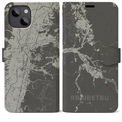 【芦別（北海道）】地図柄iPhoneケース（手帳タイプ）モノトーン・iPhone 14 Plus 用