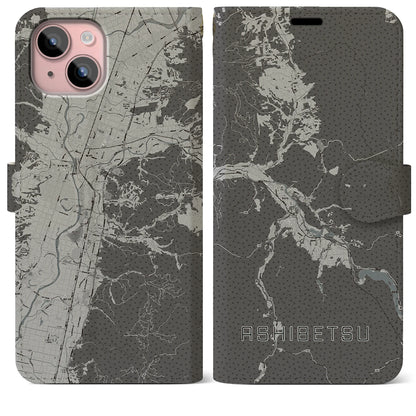 【芦別（北海道）】地図柄iPhoneケース（手帳タイプ）モノトーン・iPhone 15 Plus 用