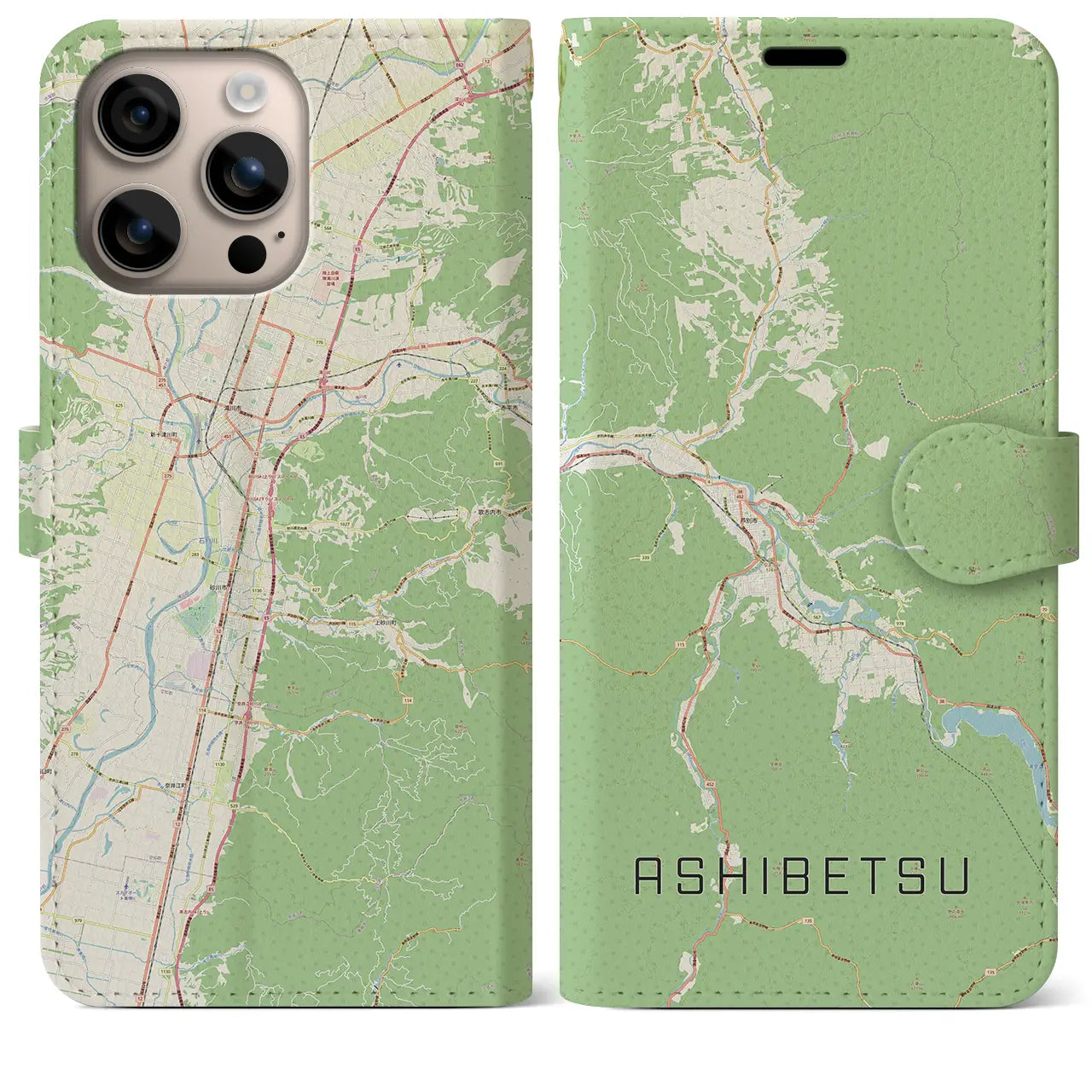 【芦別（北海道）】地図柄iPhoneケース（手帳タイプ）ナチュラル・iPhone 16 Plus 用