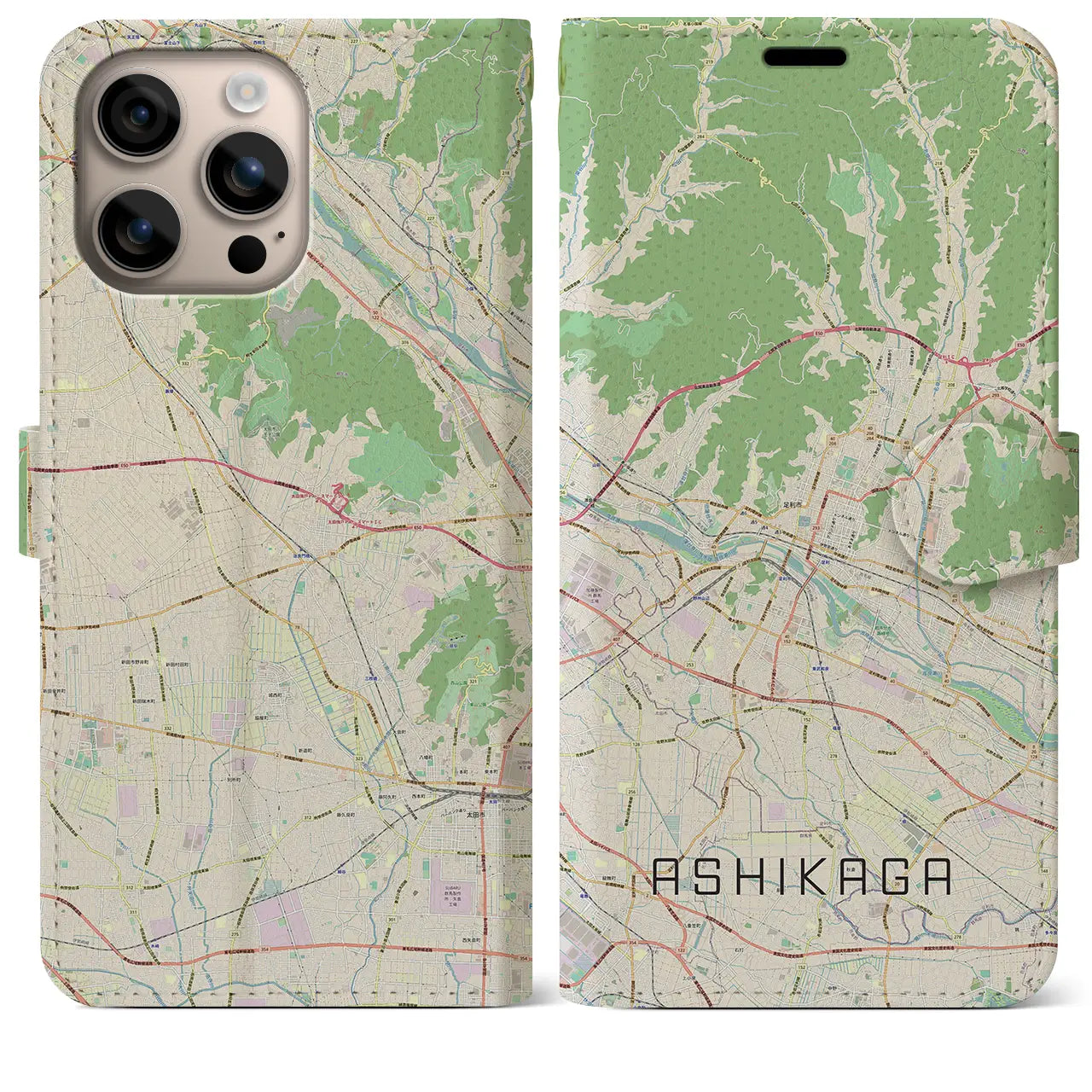 【足利（栃木県）】地図柄iPhoneケース（手帳タイプ）ナチュラル・iPhone 16 Plus 用