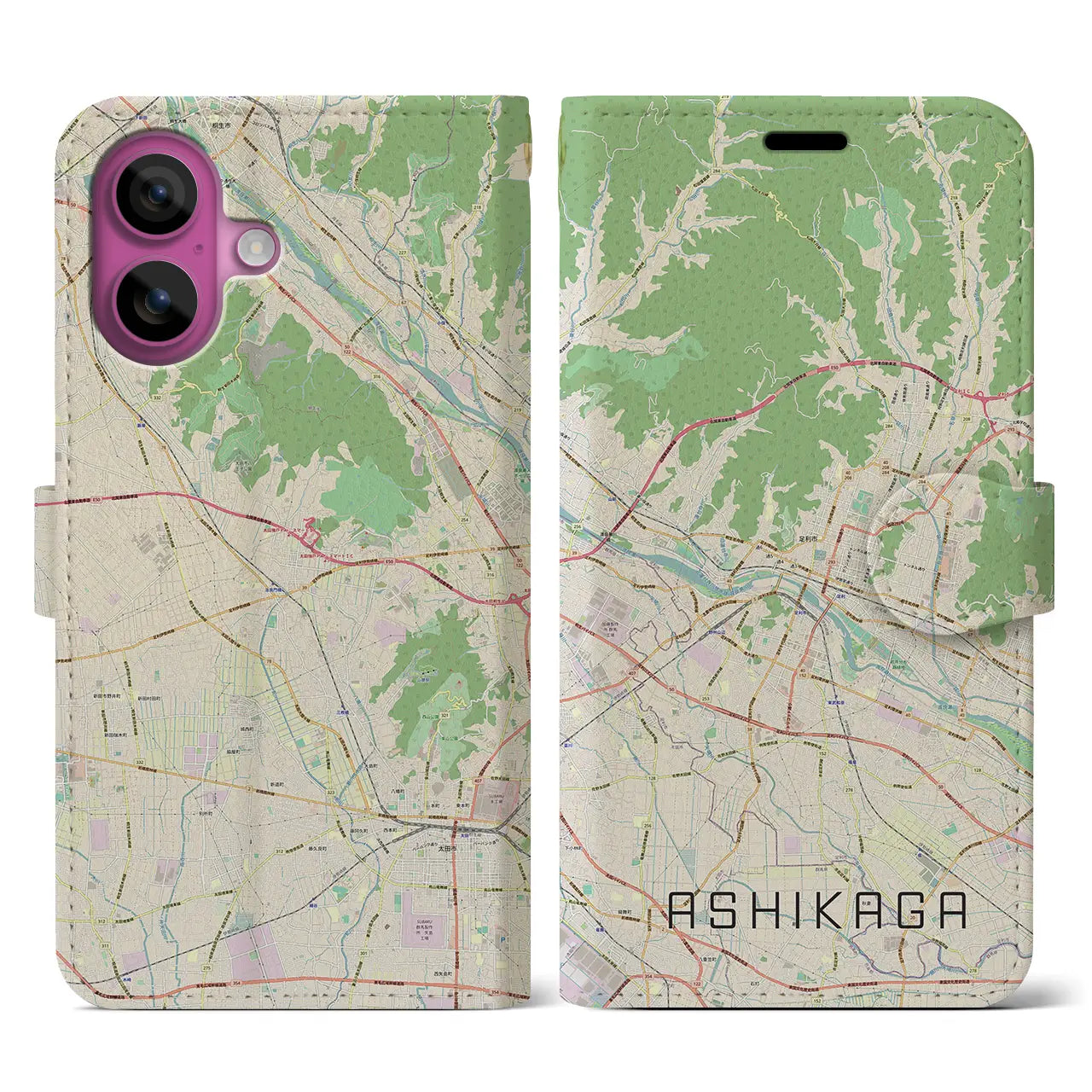 【足利（栃木県）】地図柄iPhoneケース（手帳タイプ）ナチュラル・iPhone 16 Pro 用