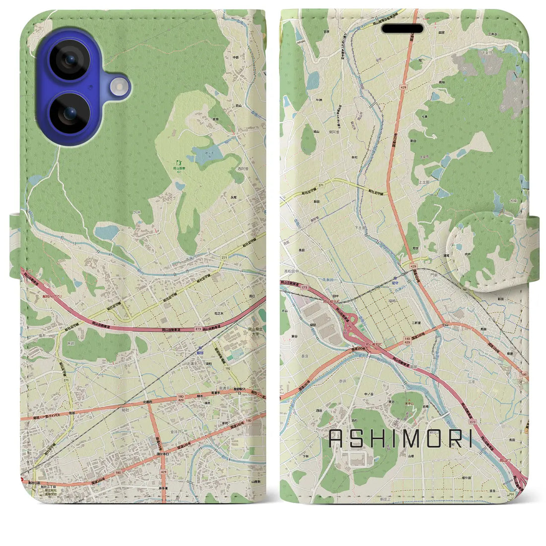 【足守（岡山県）】地図柄iPhoneケース（手帳タイプ）モノトーン・iPhone 16 Pro Max 用