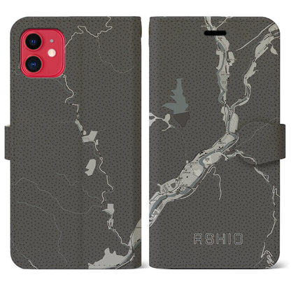 【足尾（栃木県）】地図柄iPhoneケース（手帳タイプ）モノトーン・iPhone 11 用