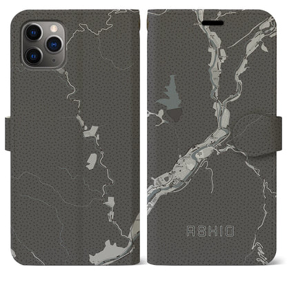 【足尾（栃木県）】地図柄iPhoneケース（手帳タイプ）モノトーン・iPhone 11 Pro Max 用