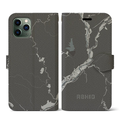 【足尾（栃木県）】地図柄iPhoneケース（手帳タイプ）モノトーン・iPhone 11 Pro 用