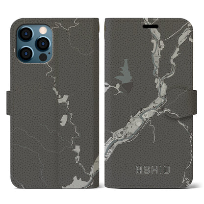 【足尾（栃木県）】地図柄iPhoneケース（手帳タイプ）モノトーン・iPhone 12 / 12 Pro 用