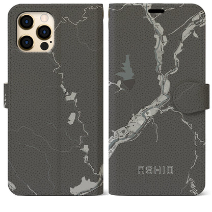 【足尾（栃木県）】地図柄iPhoneケース（手帳タイプ）モノトーン・iPhone 12 Pro Max 用