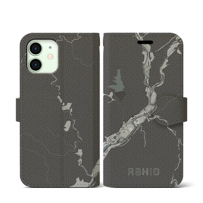 【足尾（栃木県）】地図柄iPhoneケース（手帳タイプ）モノトーン・iPhone 12 mini 用