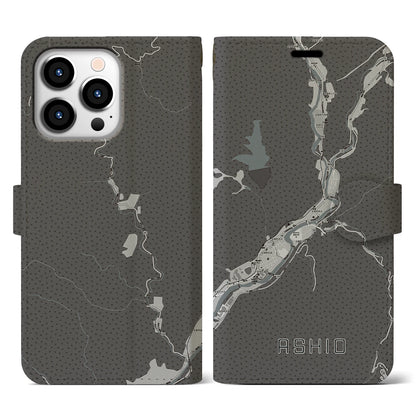 【足尾（栃木県）】地図柄iPhoneケース（手帳タイプ）モノトーン・iPhone 13 Pro 用