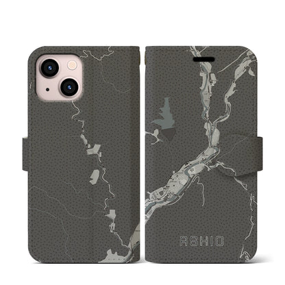 【足尾（栃木県）】地図柄iPhoneケース（手帳タイプ）モノトーン・iPhone 13 mini 用