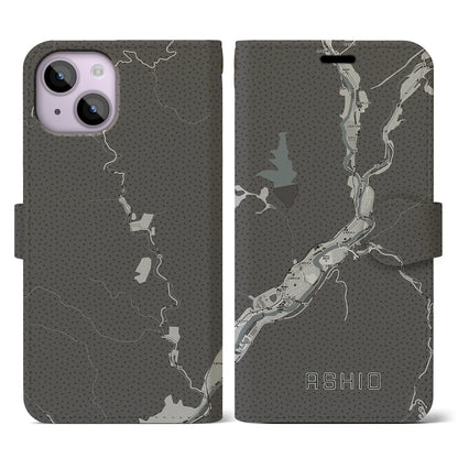 【足尾（栃木県）】地図柄iPhoneケース（手帳タイプ）モノトーン・iPhone 14 用