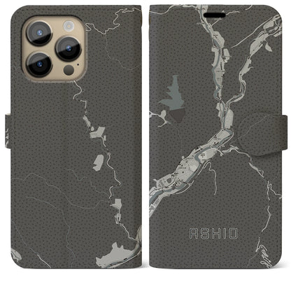 【足尾（栃木県）】地図柄iPhoneケース（手帳タイプ）モノトーン・iPhone 14 Pro Max 用