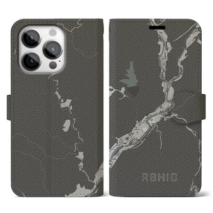 【足尾（栃木県）】地図柄iPhoneケース（手帳タイプ）モノトーン・iPhone 14 Pro 用