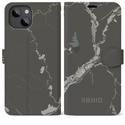 【足尾（栃木県）】地図柄iPhoneケース（手帳タイプ）モノトーン・iPhone 14 Plus 用