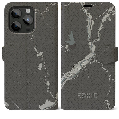 【足尾（栃木県）】地図柄iPhoneケース（手帳タイプ）モノトーン・iPhone 15 Pro Max 用