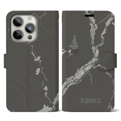 【足尾（栃木県）】地図柄iPhoneケース（手帳タイプ）モノトーン・iPhone 15 Pro 用