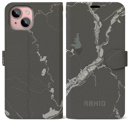 【足尾（栃木県）】地図柄iPhoneケース（手帳タイプ）モノトーン・iPhone 15 Plus 用