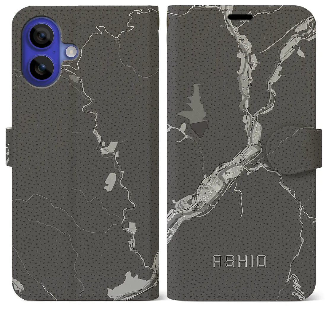 【足尾(栃木県)】地図柄iPhoneケース(手帳タイプ)モノトーン・iPhone 16 Pro Max 用