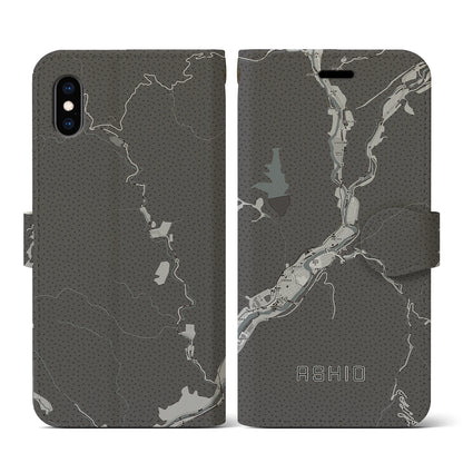 【足尾（栃木県）】地図柄iPhoneケース（手帳タイプ）モノトーン・iPhone XS / X 用