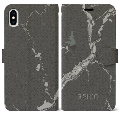 【足尾（栃木県）】地図柄iPhoneケース（手帳タイプ）モノトーン・iPhone XS Max 用