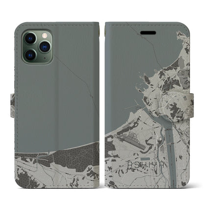 【芦屋（福岡県）】地図柄iPhoneケース（手帳タイプ）モノトーン・iPhone 11 Pro 用