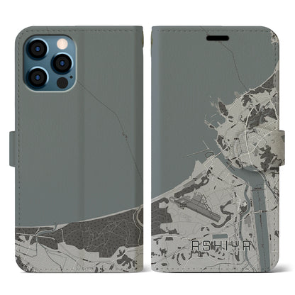 【芦屋（福岡県）】地図柄iPhoneケース（手帳タイプ）モノトーン・iPhone 12 / 12 Pro 用