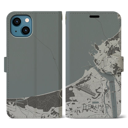 【芦屋（福岡県）】地図柄iPhoneケース（手帳タイプ）モノトーン・iPhone 13 用