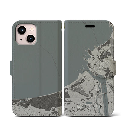 【芦屋（福岡県）】地図柄iPhoneケース（手帳タイプ）モノトーン・iPhone 13 mini 用