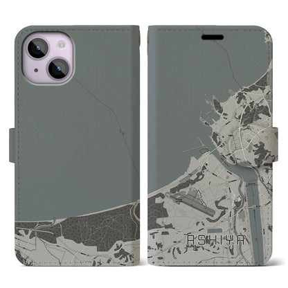 【芦屋（福岡県）】地図柄iPhoneケース（手帳タイプ）モノトーン・iPhone 14 用