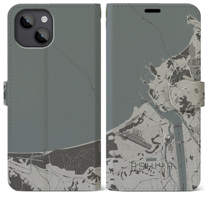 【芦屋（福岡県）】地図柄iPhoneケース（手帳タイプ）モノトーン・iPhone 14 Plus 用