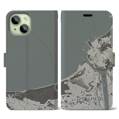 【芦屋（福岡県）】地図柄iPhoneケース（手帳タイプ）モノトーン・iPhone 15 用