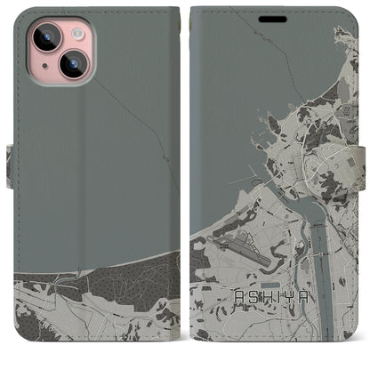 【芦屋（福岡県）】地図柄iPhoneケース（手帳タイプ）モノトーン・iPhone 15 Plus 用