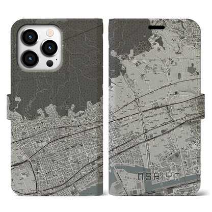 【芦屋（兵庫県）】地図柄iPhoneケース（手帳タイプ）モノトーン・iPhone 13 Pro 用